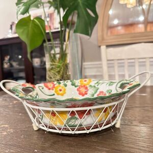 TEMP-TATIONS By‎ Tara Casserole Baking Dish Red Yellow Floral w/ White Rack 11”